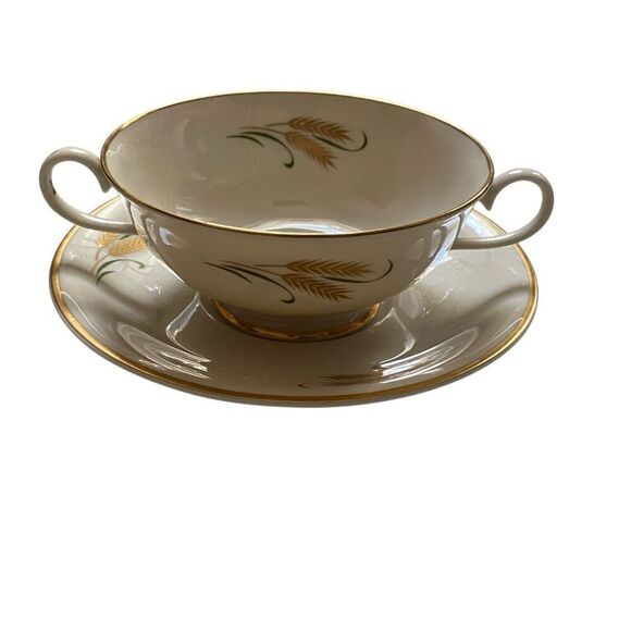 Vintage 2 Piece Set WHEAT HARVEST DOUBLE HANDLE CREAM SOUP BOWL & UNDERPLATE by - Picture 2 of 5